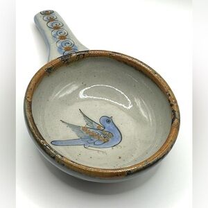 VTG Tonala Mexico Pottery Ken Edwards Stoneware Soup Bowl w/Handle Blue Bird SEE